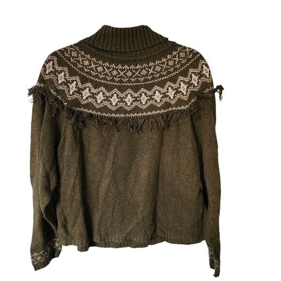 Y2K Fair Isle Fringe Turtleneck Sweater - Olive Green - XL Route 66 - Picture 3 of 6